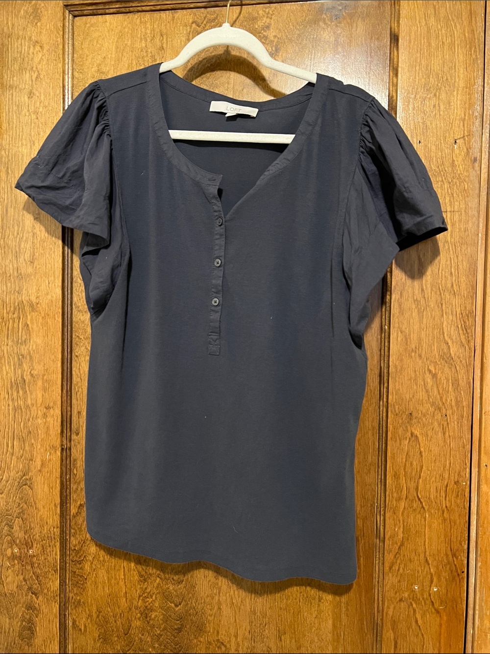 LOFT Charcoal Short Sleeve Henley Blouse